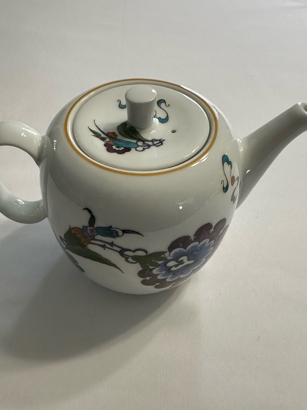 Royal Worcester White Porcelain Teapot with Blue, Green and Gold Floral Motifs
